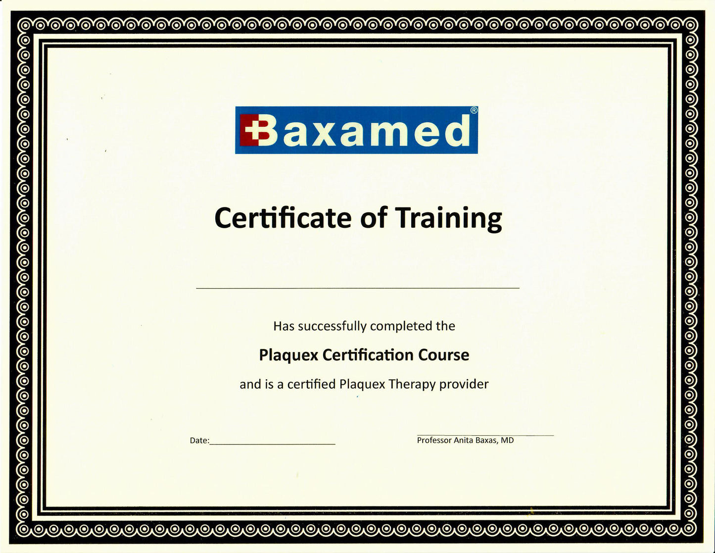 Certificate for medical professionals without frame
