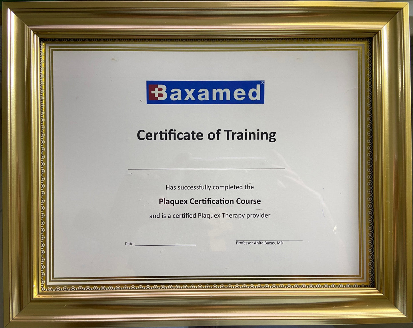 Certificate of Completion for the Plaquex online course for medical professionals